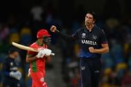 David Wiese of Namibia celebrates winning the super over and the ICC Men's T20 Cricket World Cup West Indies & USA 2024 match between Namibia and Oman at Kensington Oval on June 02, 2024 in Bridgetown, Barbados. (Photo by Gareth Copley/Getty Images)